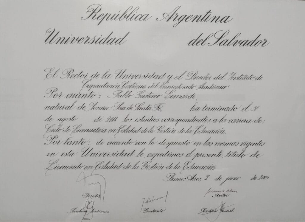 Currículum Vitae del Psicólogo en Rosario Centro Pablo Gustavo Leonardi
Diploma de USAL