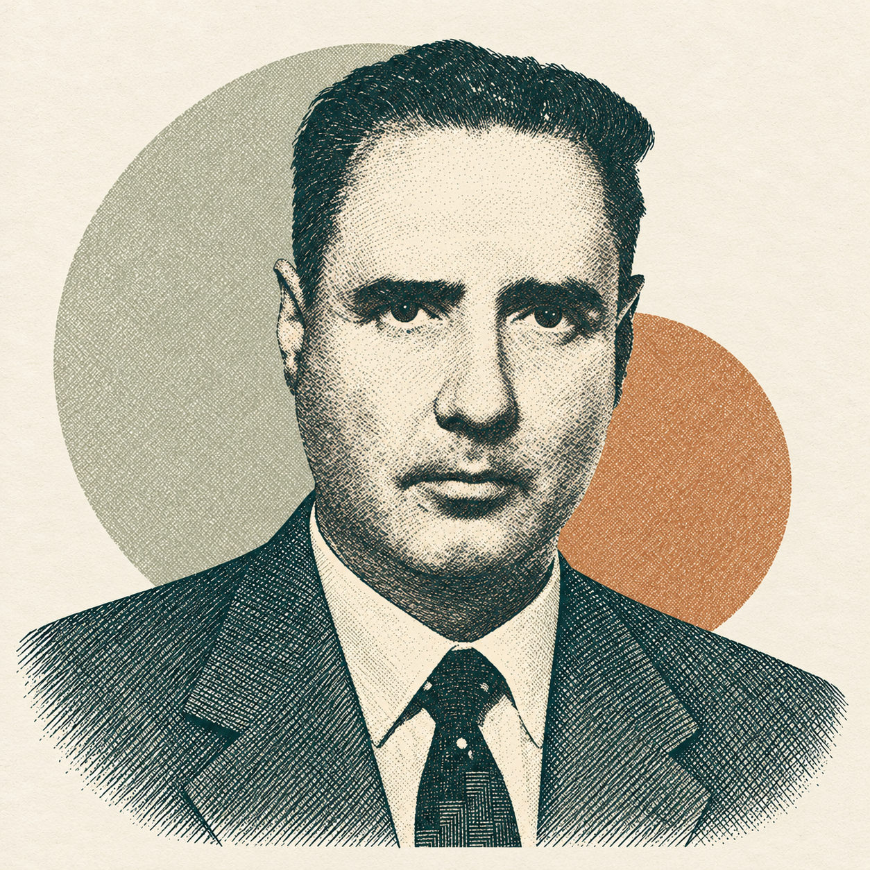 Retrato gráfico de Ángel Garma en tonos crema, verde petróleo y cobre.
