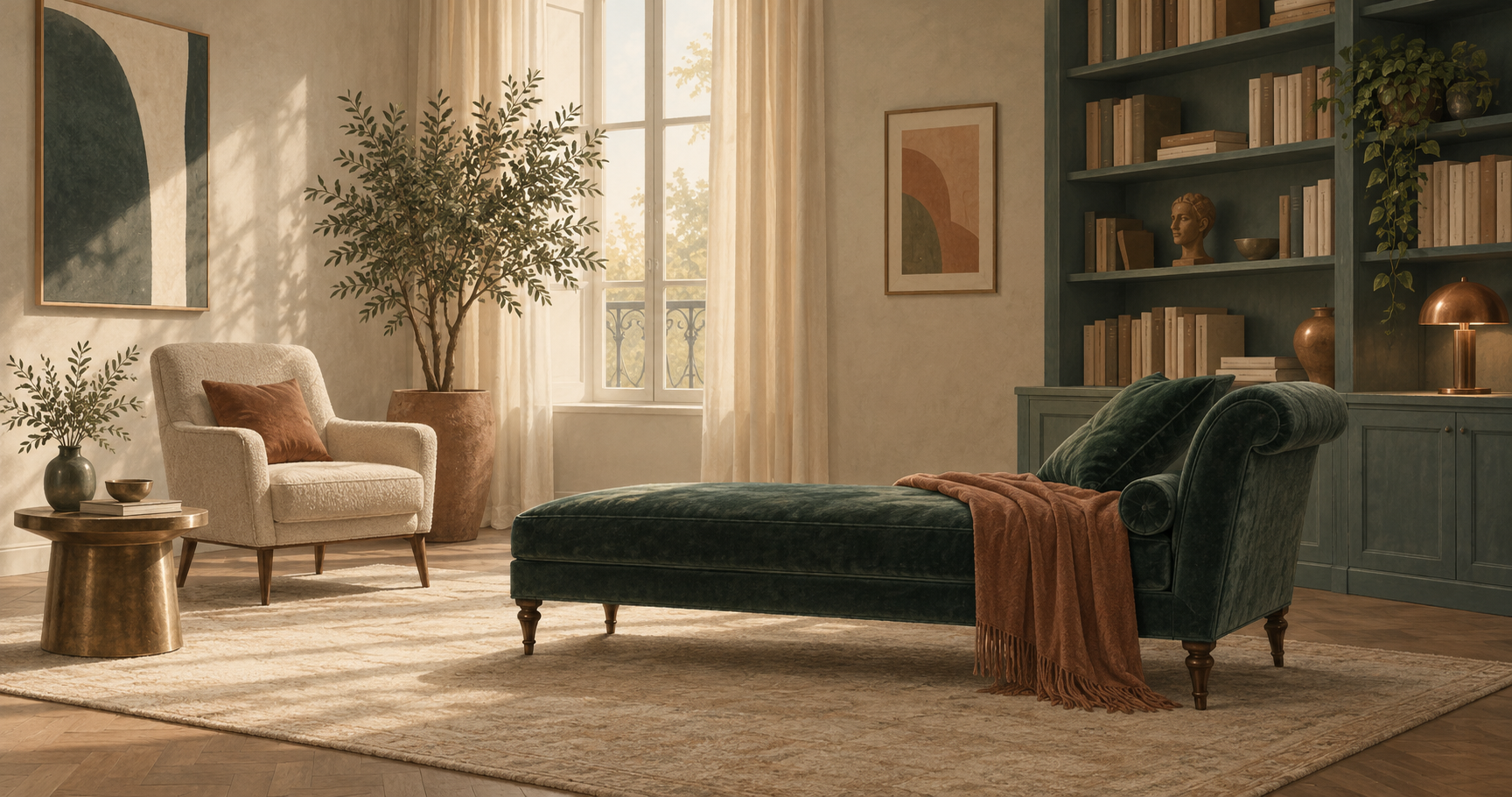 Ilustración de un consultorio de psicoanálisis con diván verde, sillón, biblioteca y luz natural.